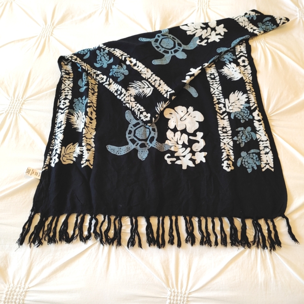 Beach Sarongs Y2k navy blue turtle & hibiscus printed tassle beach sarong wrap.
